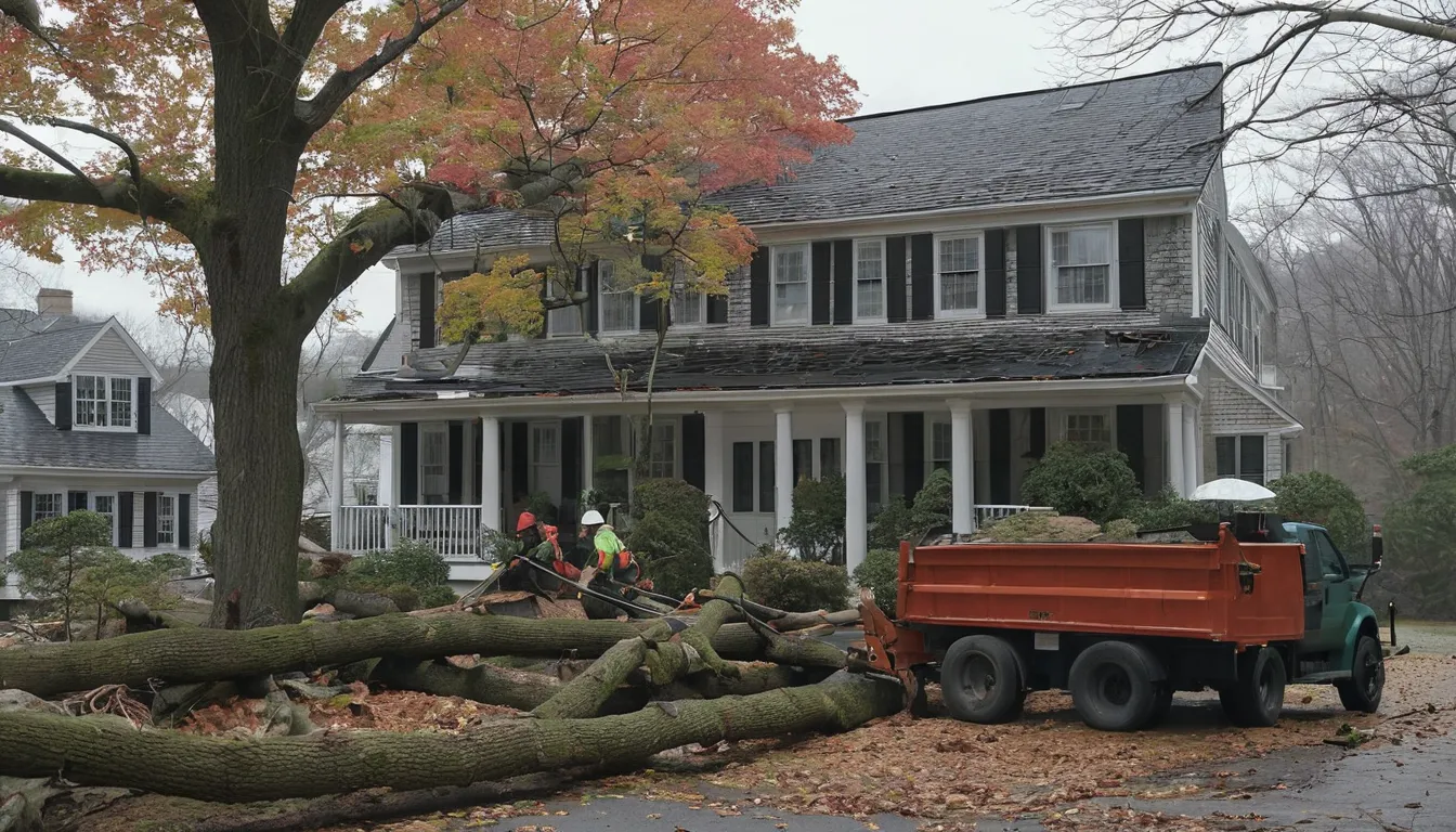 A local tree removal provider cutting a fallen tree off a roof in Buffalo
