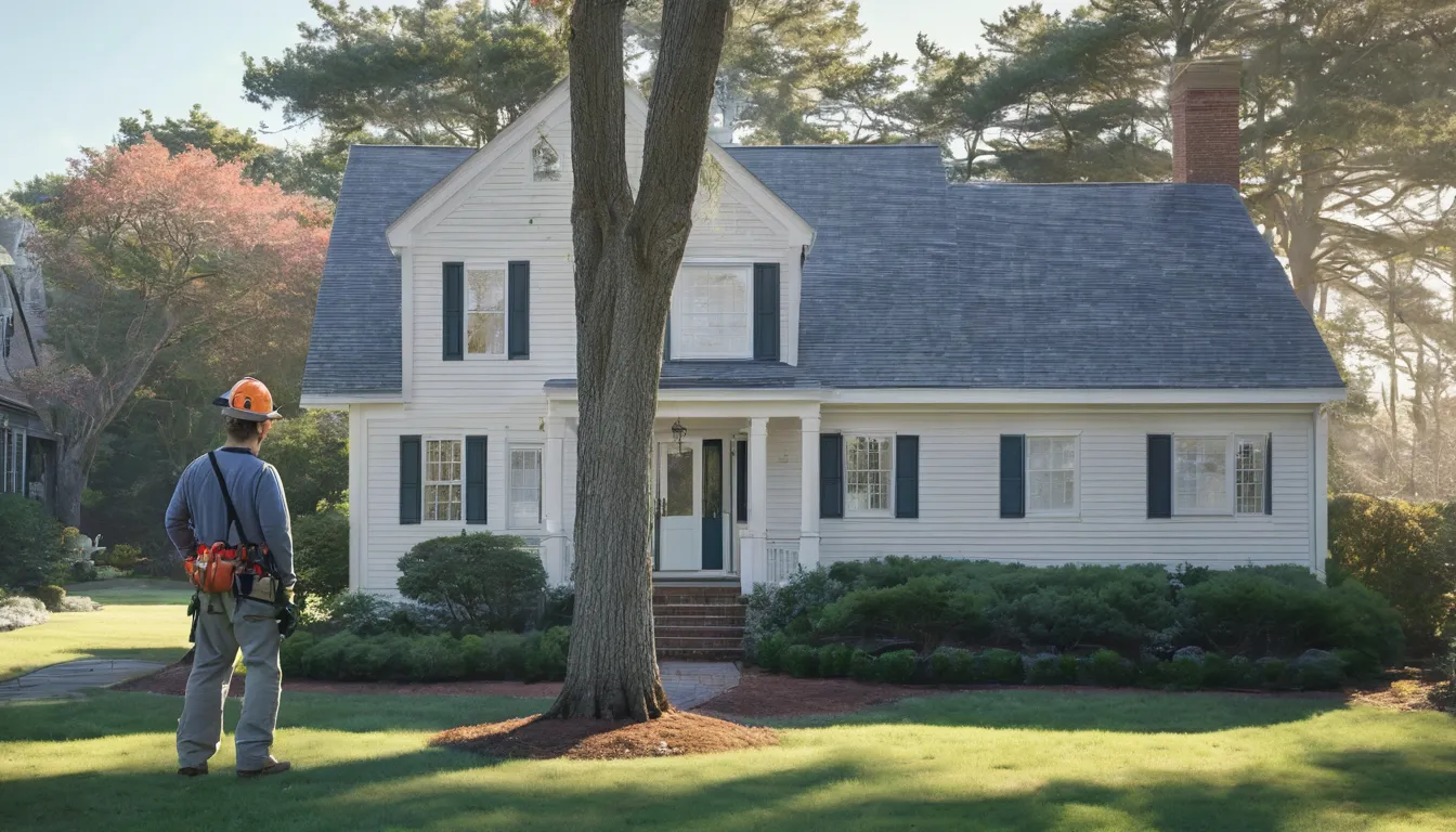 A tree removal provider checking a large tree beside an older home in Buffalo